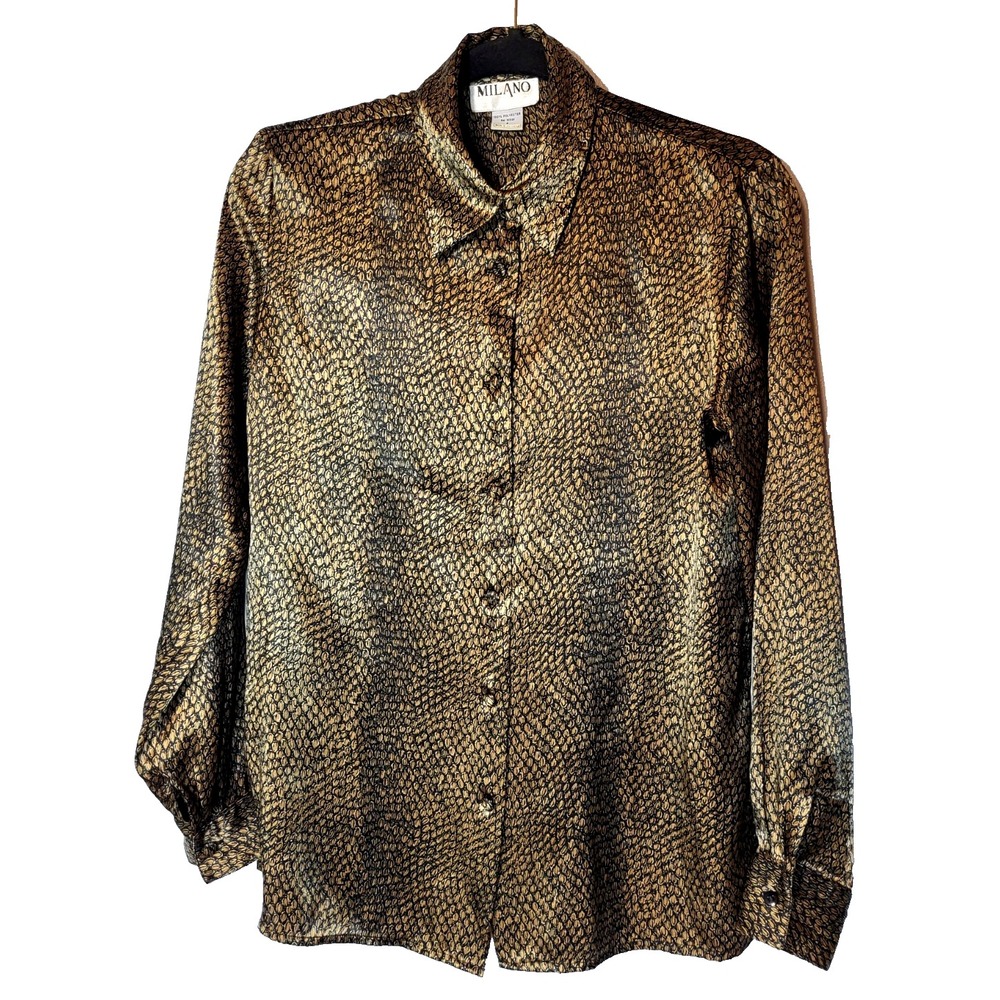 Milano Satin Geometric‎ Black/Gold Button Up Long Sleeve Shirt Size Small Career
